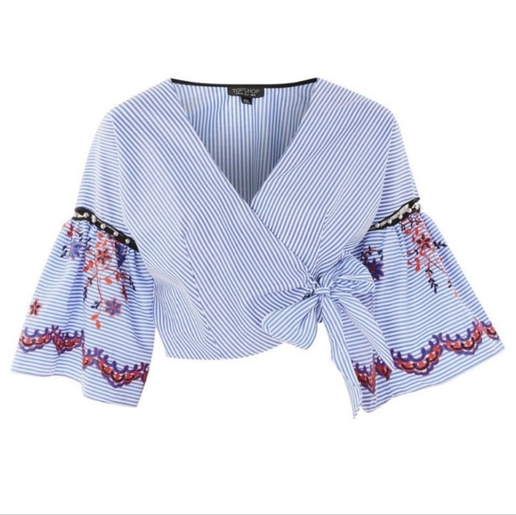 TopShop Stripe Embroidered Wrap Crop Top. - Picture 3 of 6